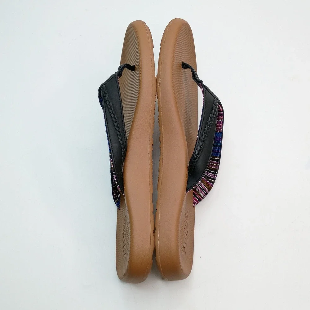 Flojos Fiesta Flip Flop Women Size 7 Black Tan Woven Strap Sandals